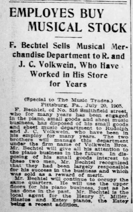 Volkwein Bros Music Established in Pittsburgh PA 1905 - 