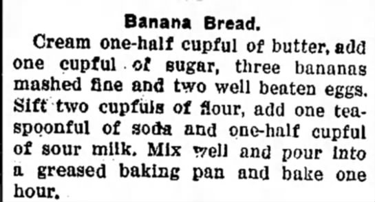 Banana Bread Recipe, 1930 - 