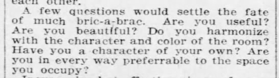 Questions to decrease amound of bric-a-brac in the home, 1906 - 