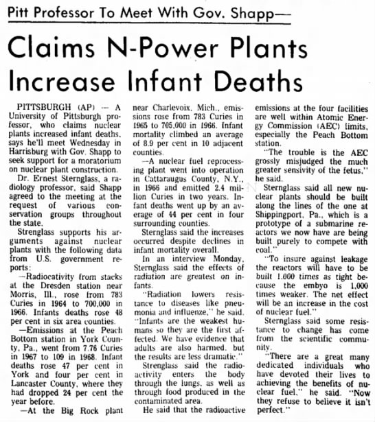 Pittsburgh professor claims nuclear power plants increase infant deaths (1971) - 