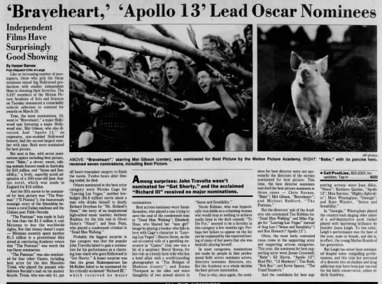 "'Braveheart', 'Apollo 13' Lead Oscar Nominees" page 4A - 