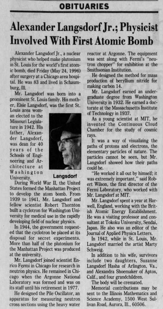 Alexander Langsdorf Jr.; Physicist Involved With First Atomic Bomb - 