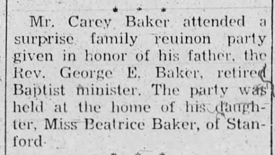 Carey Baker attends father's reunion birthday party.