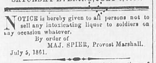 Notice not to sell alcohol to soldiers, West Virginia 1861 - 