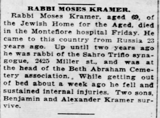 Rabbi Moses Kramer obituary - 