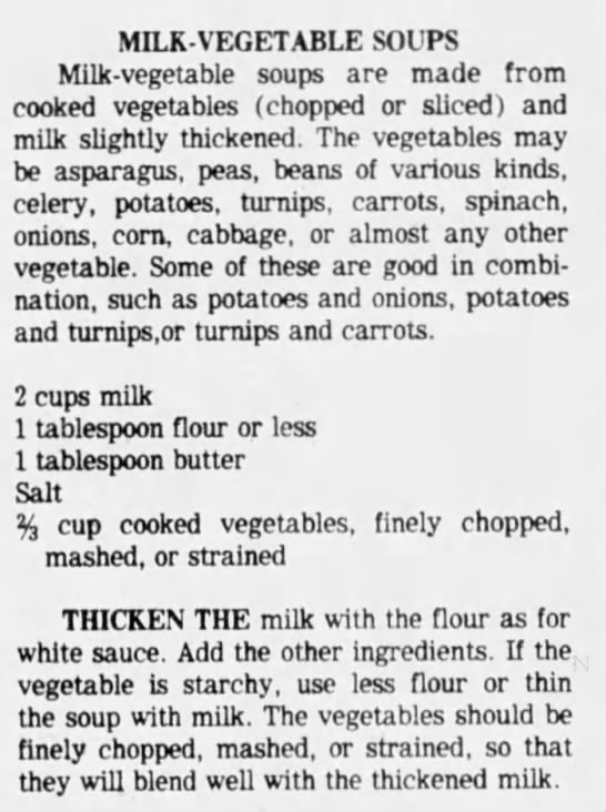 Recipe for Aunt Sammy's Milk-Vegetable Soups - 