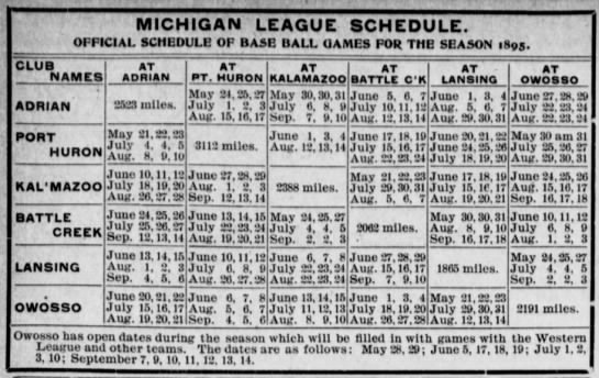 1895 Michigan State League schedule - 