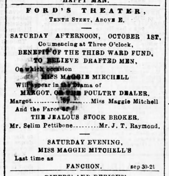 Ad for benefit for relief of drafted men, held at Ford's Theater; DC 1864 - 