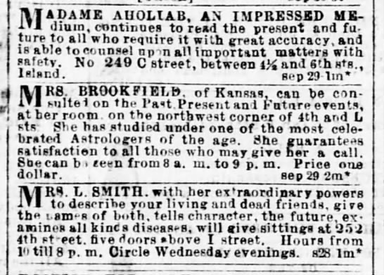 Ads for mediums and astrologer, DC 1864 - 