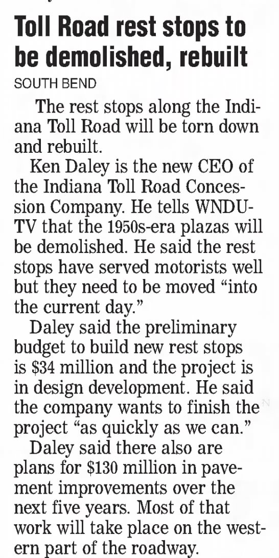 Indiana Toll Road rest stops to be demolished, rebuilt - 