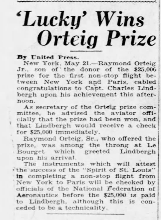 Lindbergh wins Orteig Prize - 