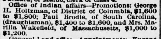 Paul Brodie promoted at Office of Indian Affairs in South Carolina 1886 - 