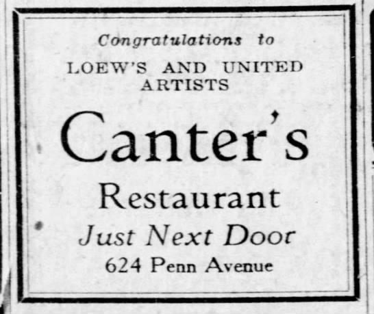 Canter's Restaurant advertisement, Pittsburgh Press, September 4, 1927 - 