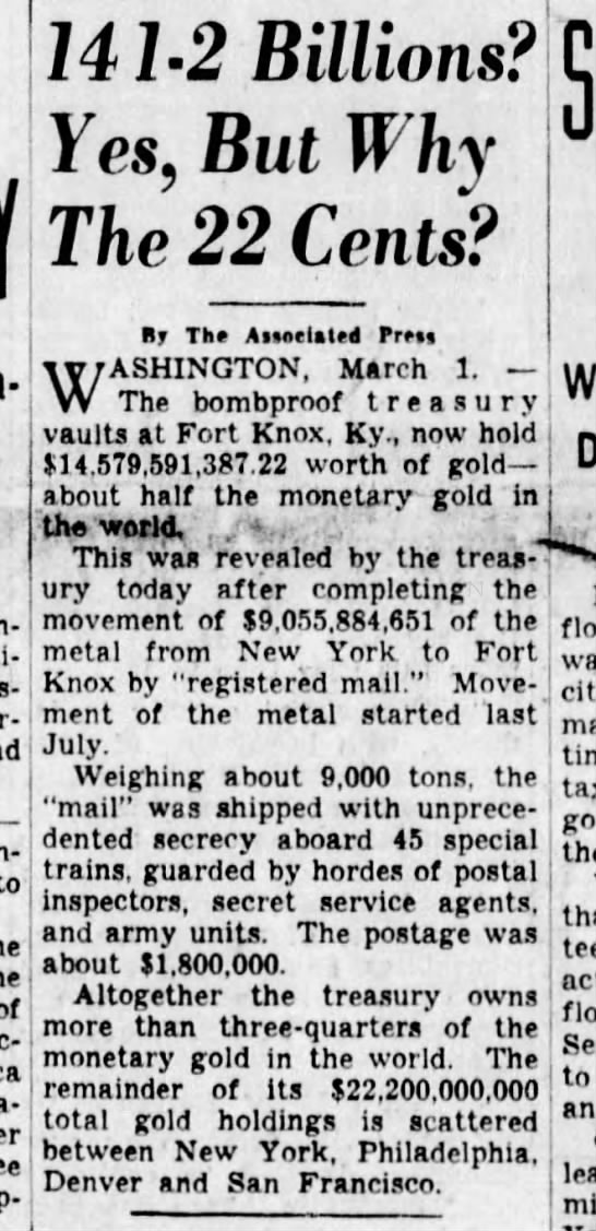 Gold Shipped to Fort Knox 1941 - 