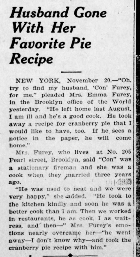 "Husband Gone With Her Favorite Pie Recipe" (1907) - 