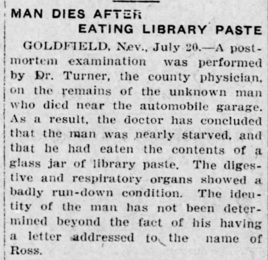 Man Dies After Eating Library Paste - Goldfield, Nevada 1908 - 