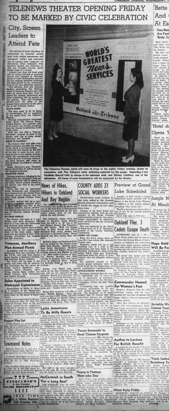 Telenews Theater Opening - Oakland Tribune July 16, 1941 - 