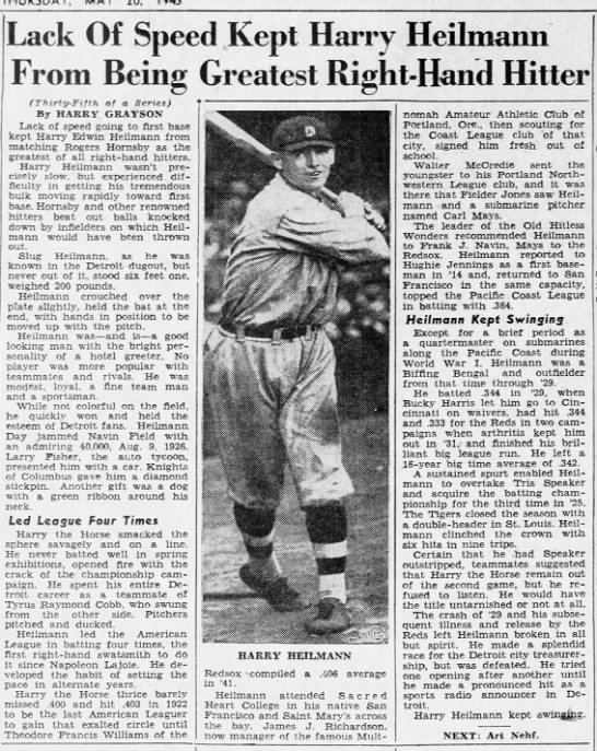 Lack Of Speed Kept Harry Heilmann From Being Greatest Right-Hand Hitter - 