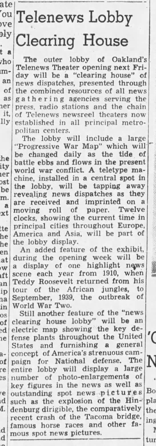 Telenews Lobby Clearing House - Oakland Tribune July 14, 1941 - 