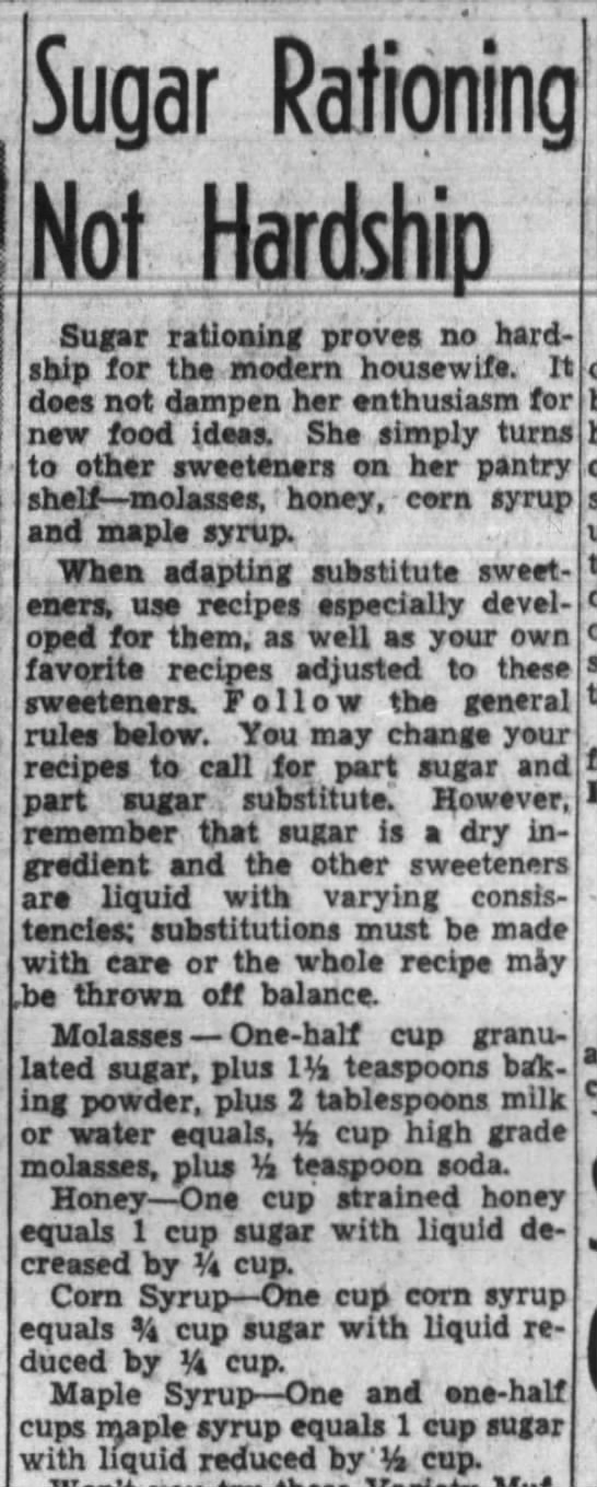 Ratios for using sugar substitutes (1943) - 