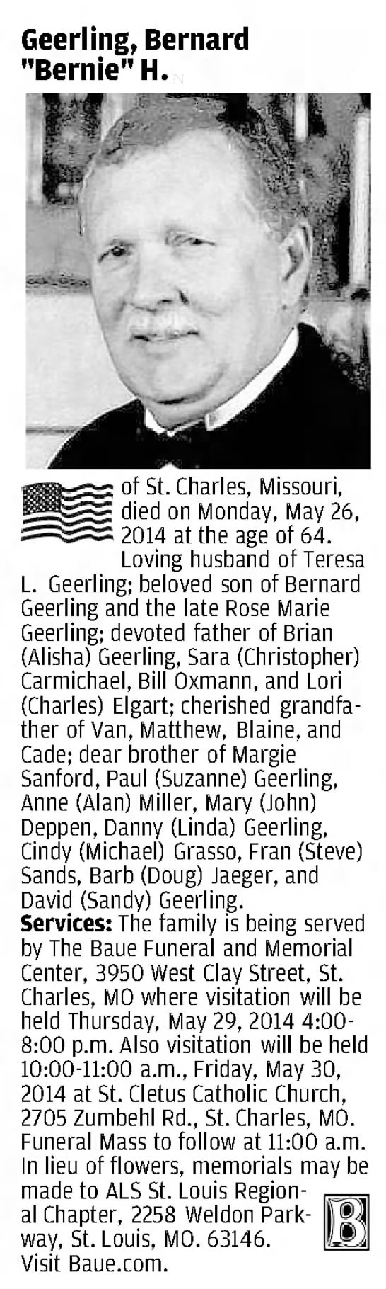 Bernie Geerling obituary in 29 May 2014 St. Louis Post-Dispatch - 0