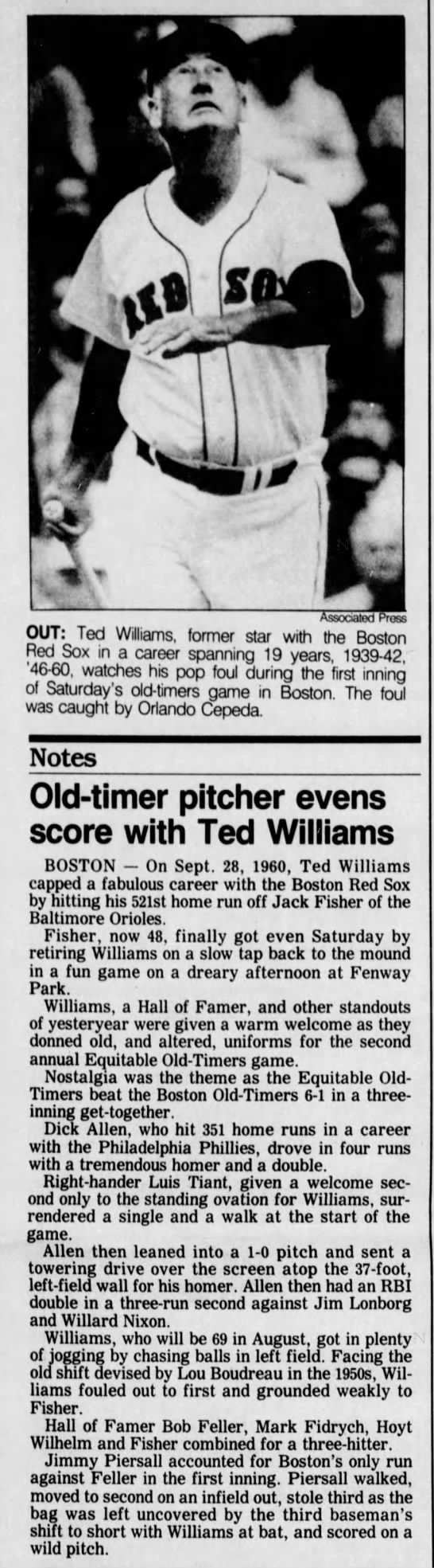 Old-timer pitcher evens score with Ted Williams - 