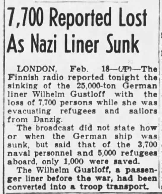 Wilhelm Gustloff sinks in the Baltic Sea - 