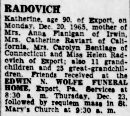 Obituary For Katherine Radovich Newspapers Com