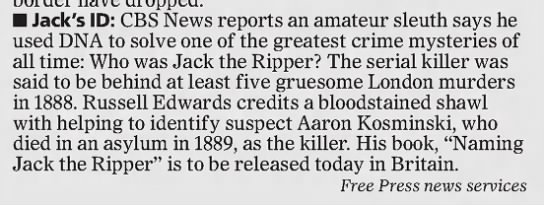Amateur sleuth says DNA proves Jack the Ripper was Aaron Kosminski, 2014 - 