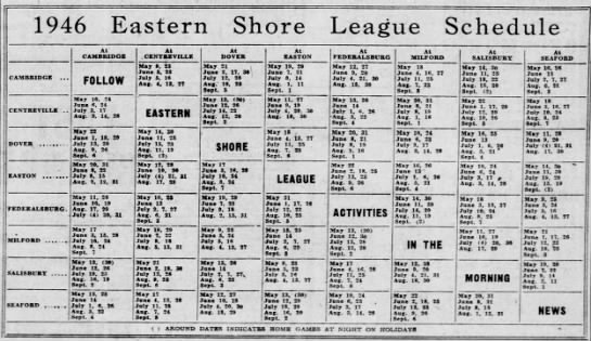1946 Eastern Shore League schedule - 