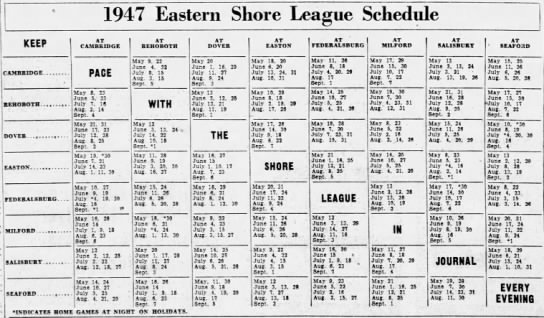 1947 Eastern Shore League schedule - 