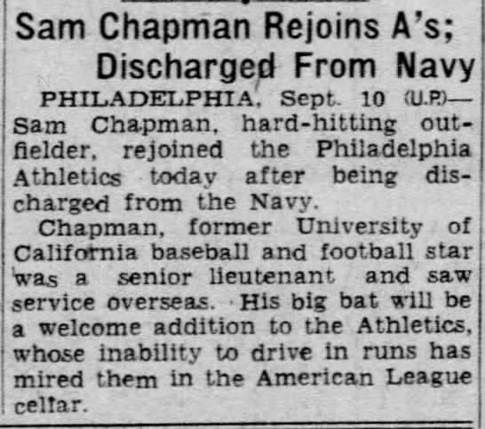 Sam Chapman Rejoins A's; Discharged From Navy - 