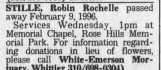 Obituary for Robin Rochelle STILLE - 