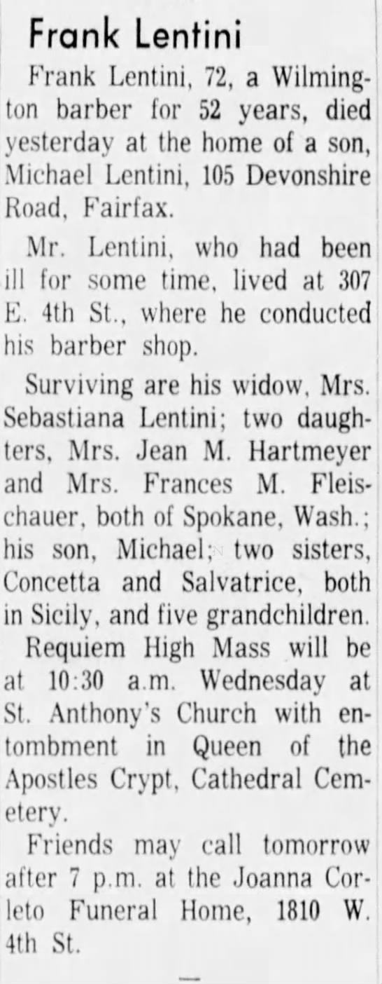 Obituary for Frank Lentini - 