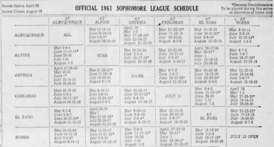 1961 Sophomore League schedule - 