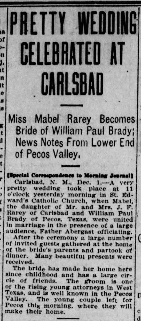 Miss Mabel Rarey Becomes Bride of William Paul Brady; News Notes from Lower End of Pecos Valley - 