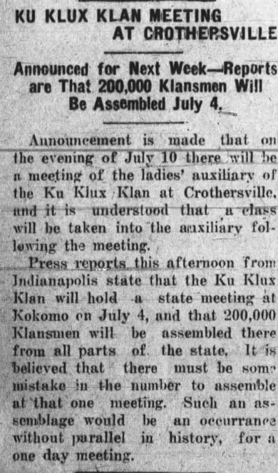 Estimate of 200,000 for Klan rally in Kokomo, Indiana on July 4, 1923 - 