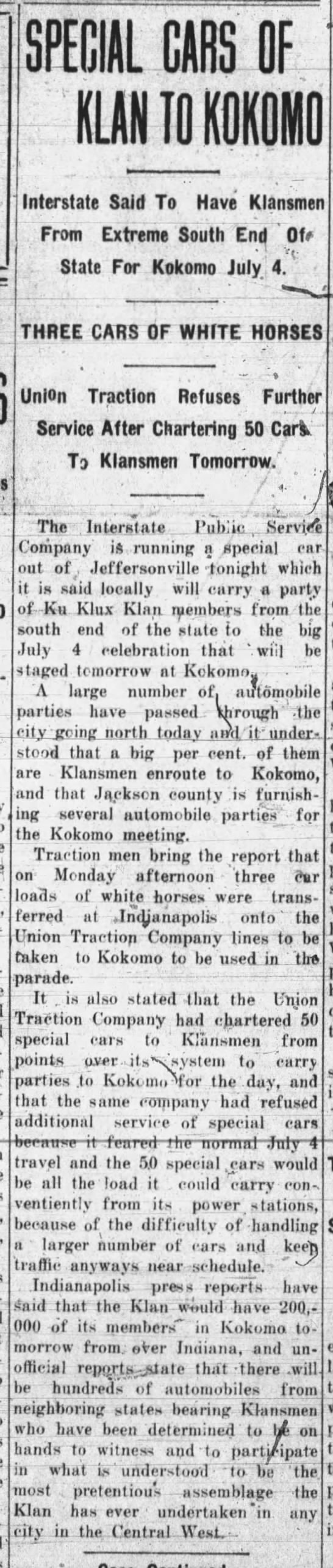 Union Traction to transport 50 carloads of Klansmen to Kokomo, Indiana for July 4, 1923 - 
