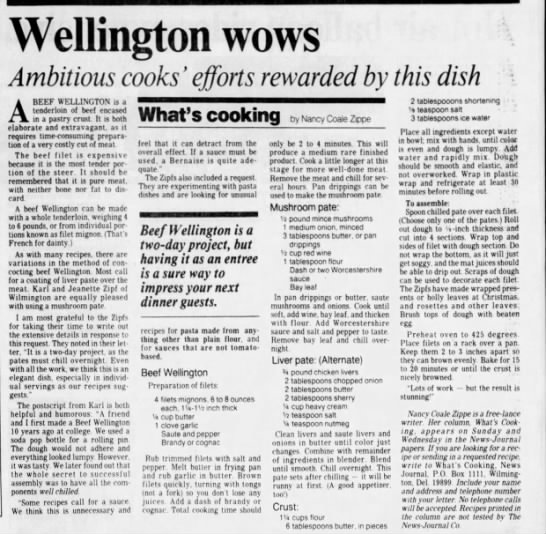 Beef Wellington is "both elaborate and extravagant" & "requires time-consuming preparation" (1984) - 