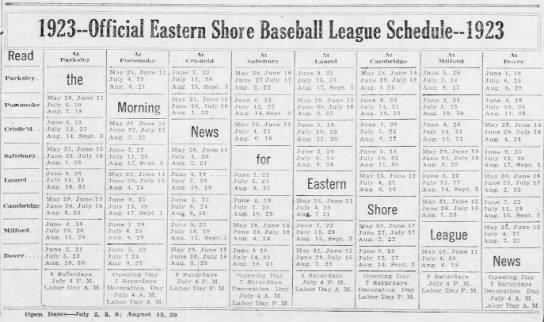 1923 Eastern Shore League schedule - 