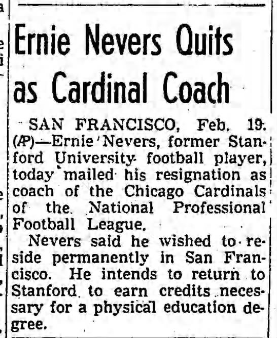 Ernie Nevers Quits as Cardinal Coach - 