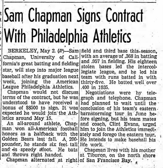 Sam Chapman Signs Contract With Philadelphia Athletics - 