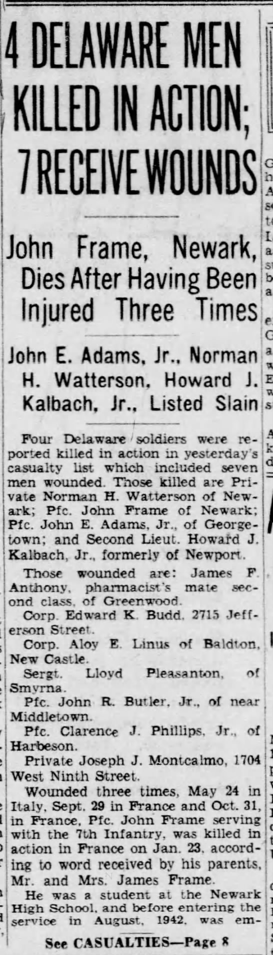 John Frame killed in action, 7th Infantry Regiment, 3rd Infantry Division - 
