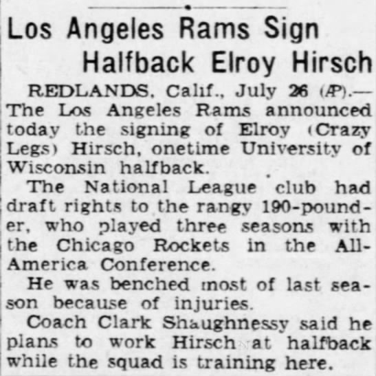 Los Angeles Rams Sign Halfback Elroy Hirsch - 