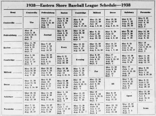 1938 Eastern Shore League schedule - 