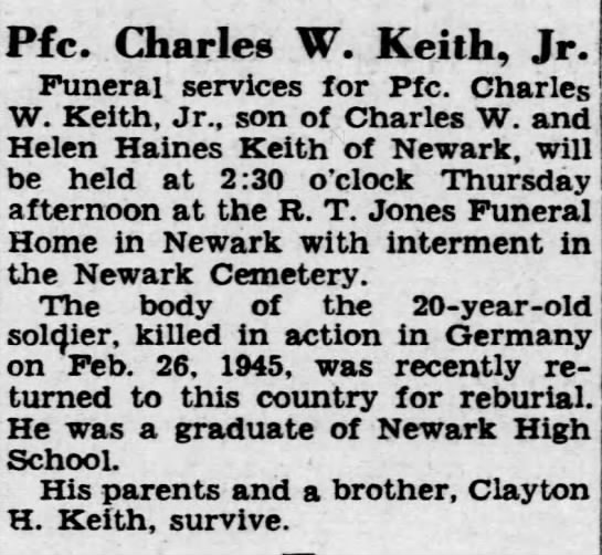 Obituary for Charles W. Keith (Aged 20) - 