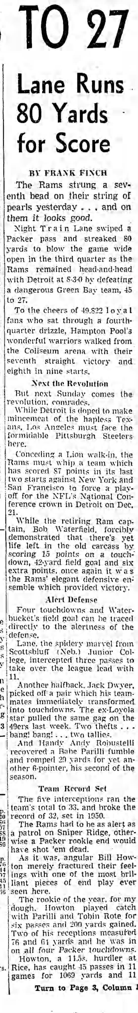 Rams Roar Over Packers, 45 to 27: Lane Runs 80 Yards for Score - 