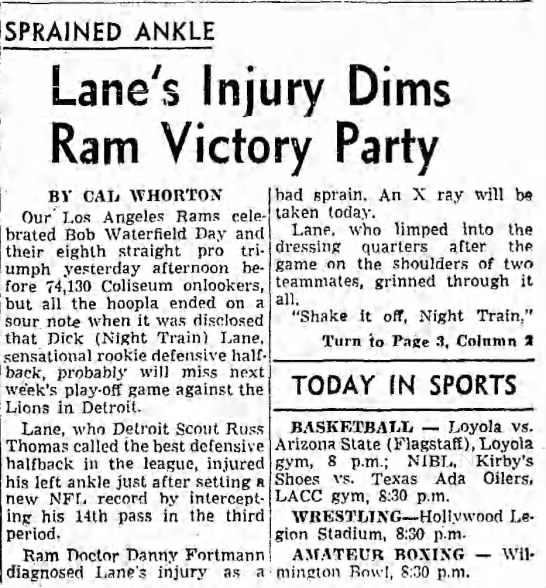 Lane's Injury Dims Ram Victory Pary - 