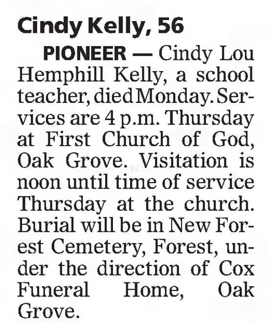 Obituary for Cindy Lou Hemphill Kelly (Aged 56)