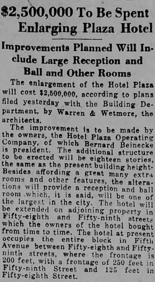 $2,500,000 To Be Spent Enlarging Plaza Hotel - 
